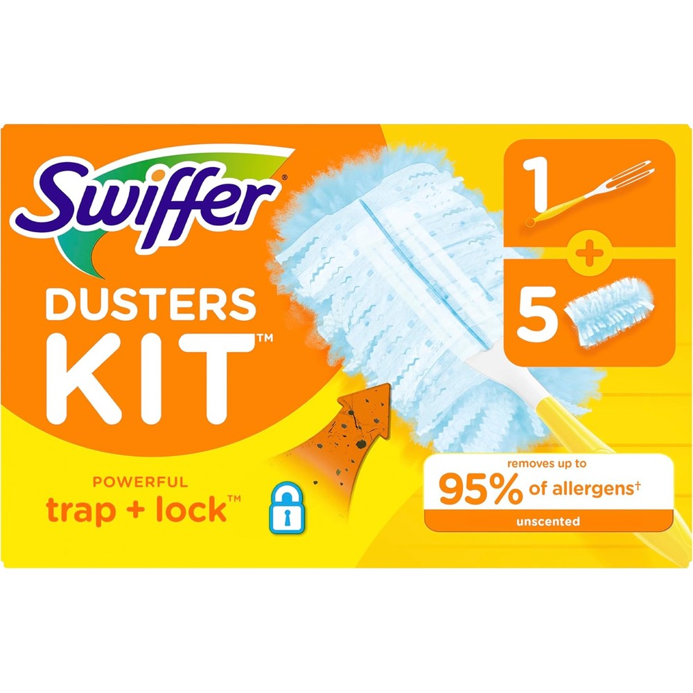 Swiffer Dusters Starter Kit front view showing handle and five yellow refills.