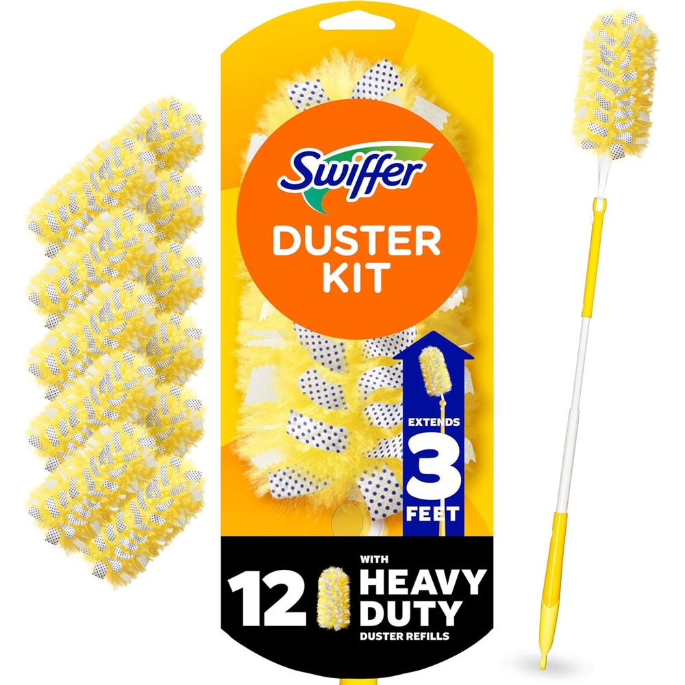 Swiffer Duster Heavy Duty Kit front view showing extendable handle and 12 refills.
