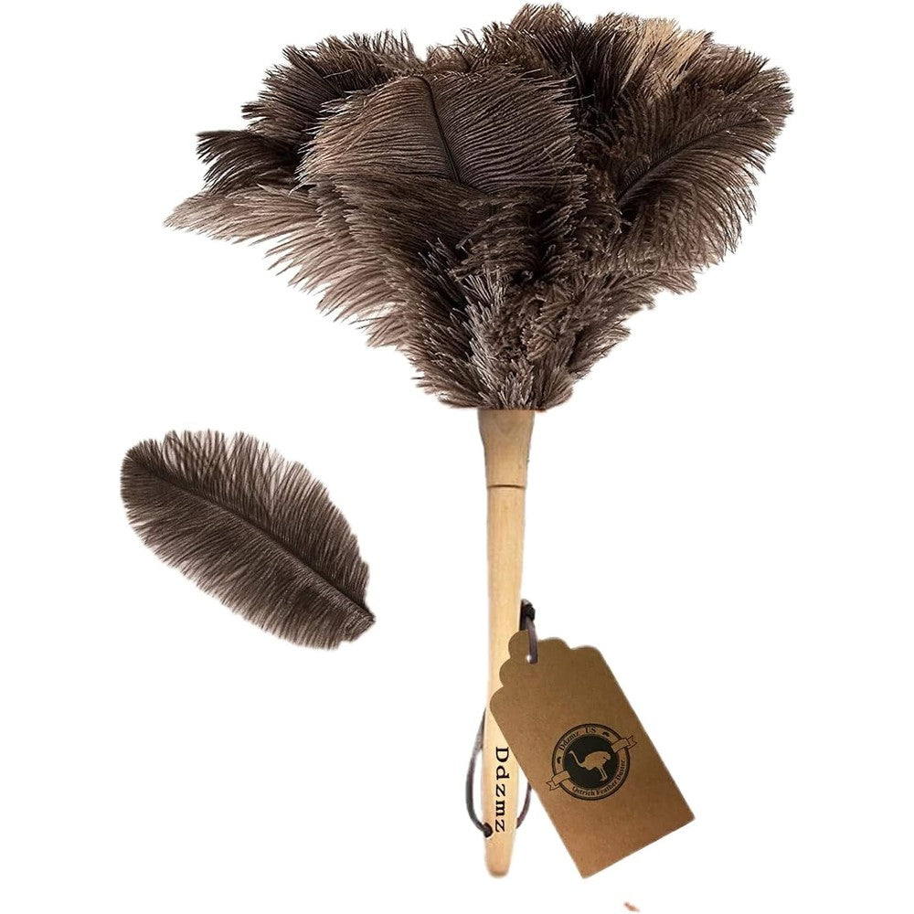 Ddzmz ostrich feather duster front view with wooden handle.