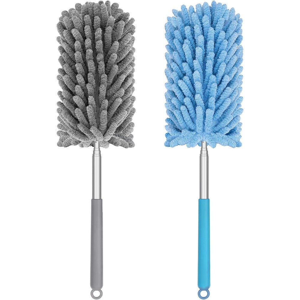 TIMIVO mini duster front view showing telescopic handle and blue chenille head.