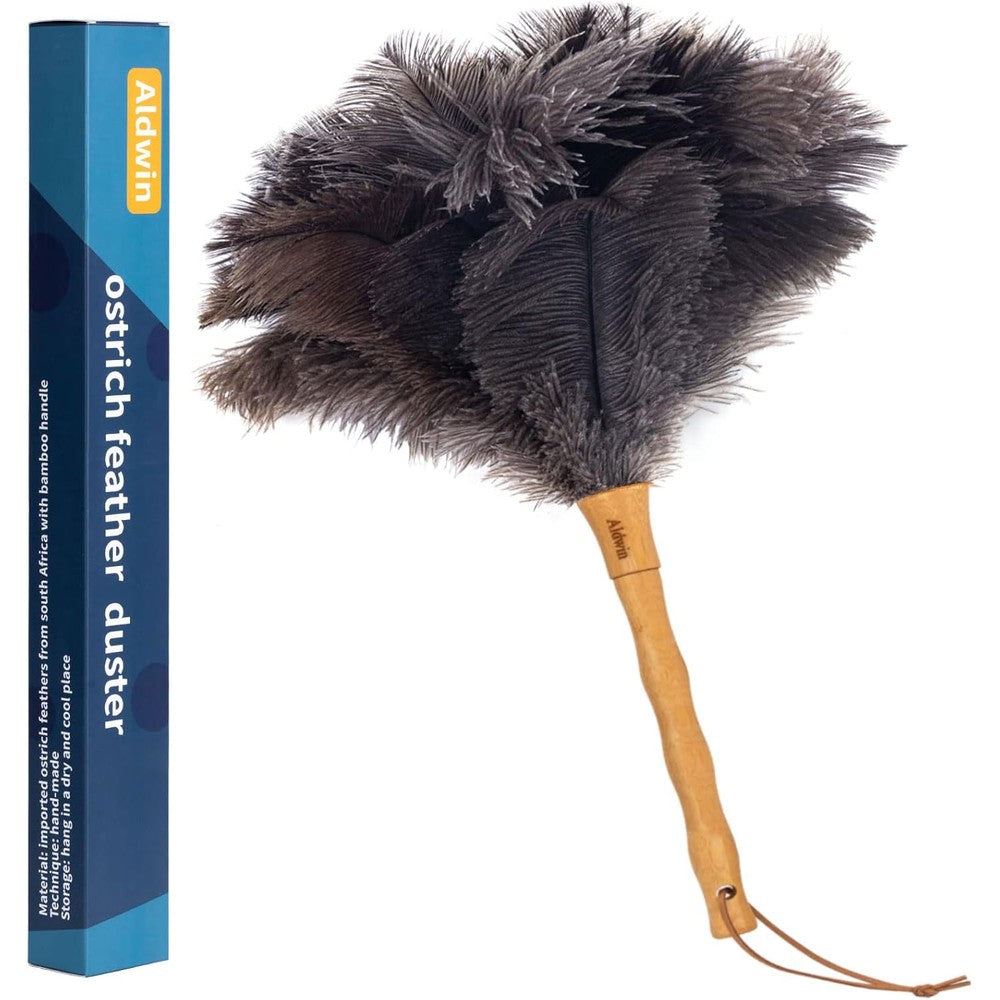 Aldwin Ostrich Feather Duster 16 inch with wood handle front view.