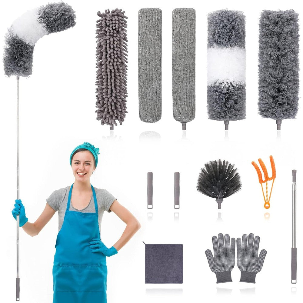 12pcs Microfiber Dusters, Duster with Extension Pole(Stainless Steel) 30 to 100'', Washable Dusters, Bendable Extendable Long Feather Duster for Cleaning Fan, High Ceiling, Blinds, Furniture, Cars