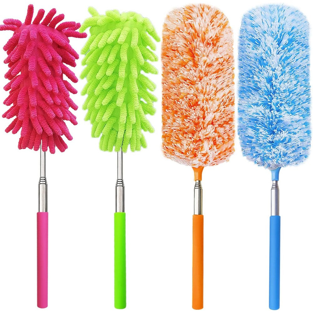 HDongany 4 pack extendable microfiber feather duster kit front view showing blue and white cleaning heads.