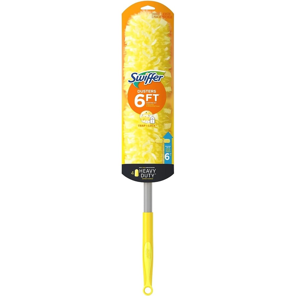 Swiffer Heavy Duty Dusters kit front view showing the six foot extendable handle and refill pads.
