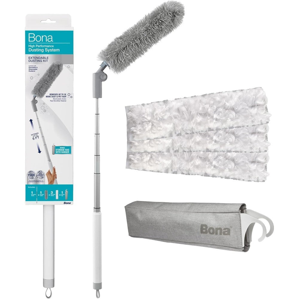 Bona High Performance Dusting System kit with extendable handle and storage bag.