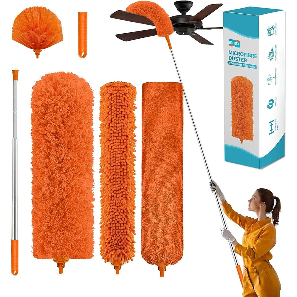 Cobweb Duster with Extension Pole,Cleaner Outdoor 110" Telescoping Extended Sspider Brush, Dusting Kit,Long Handle Reach for High Ceilings and Fans,Microfiber Webster Remover Tools Feather Dusters