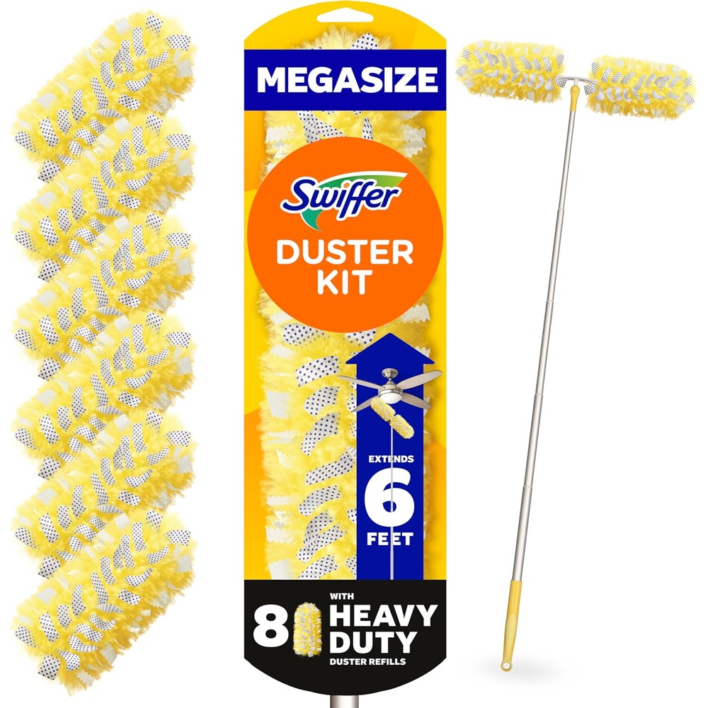 Swiffer Duster Heavy Duty Starter Kit front view showing 6 foot handle and refills.