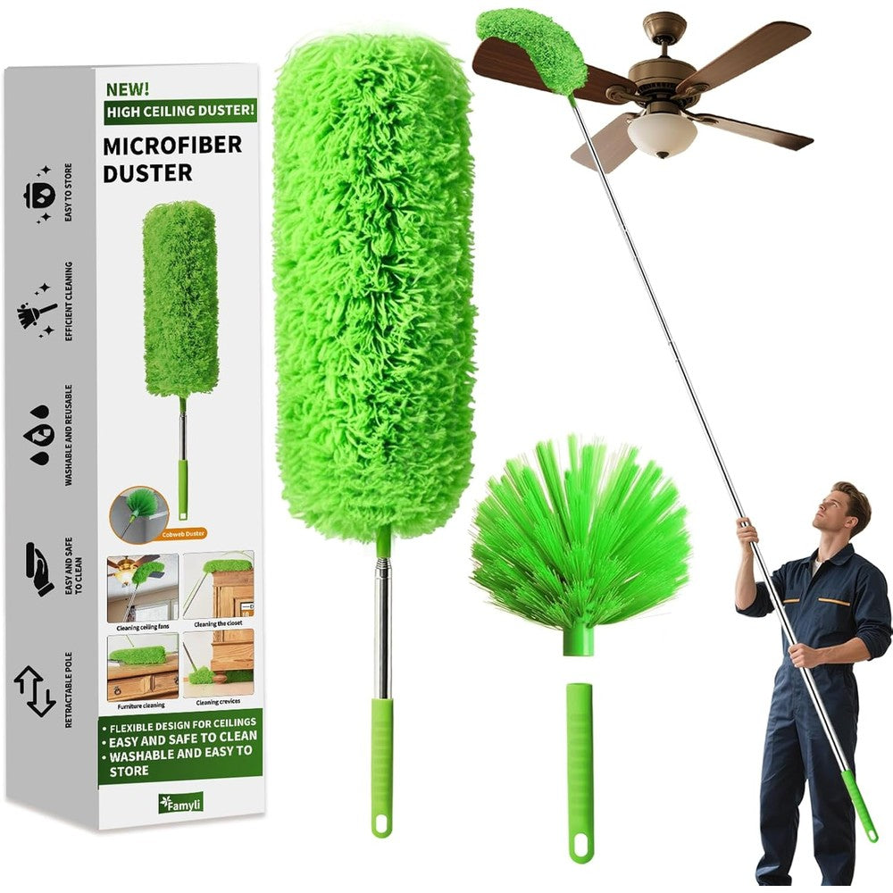 Famyli Microfiber Cobweb Duster front view with extended pole.