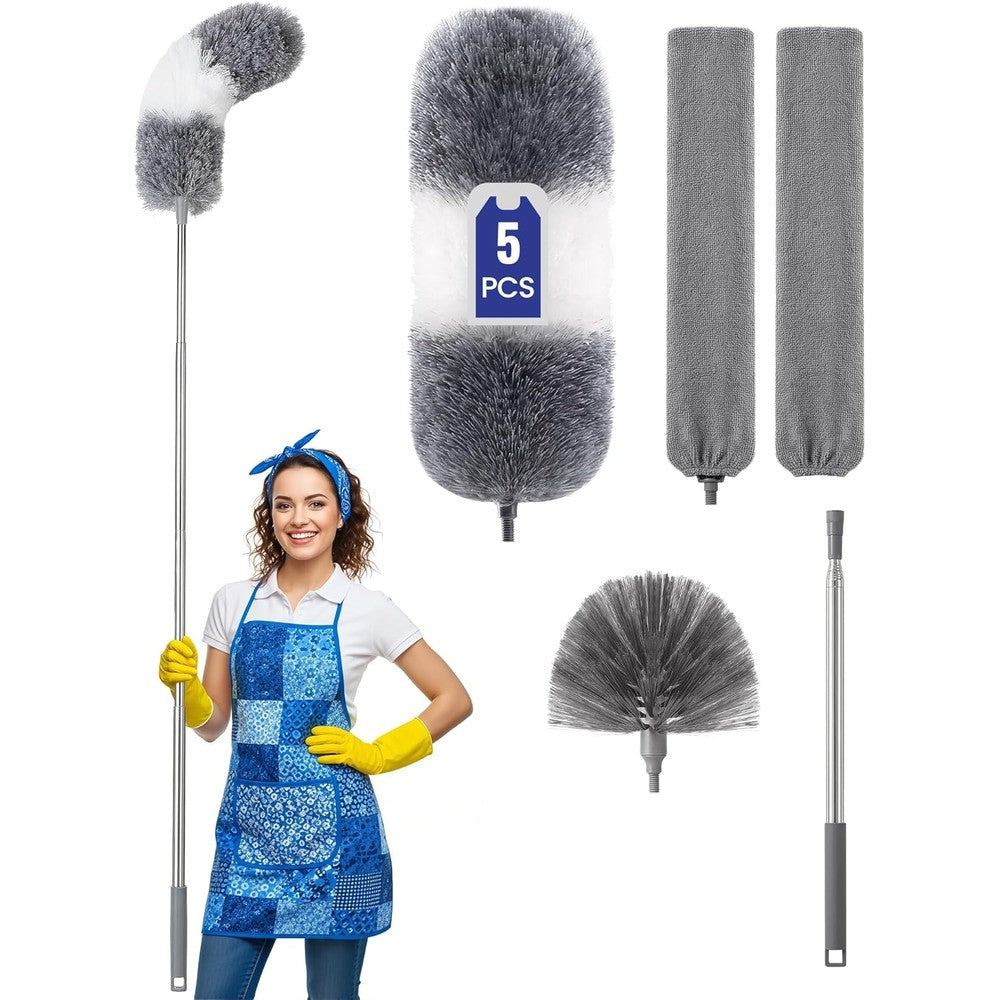 Extra-Long Dusters Kits with Extension Pole, 5 in 1 Cleaning Tools with Extendable Long Handle, Cobweb Duster, Microfiber Dusting Clothes for Gap, High Ceilings and Fans, Blinds, Cars and Furniture