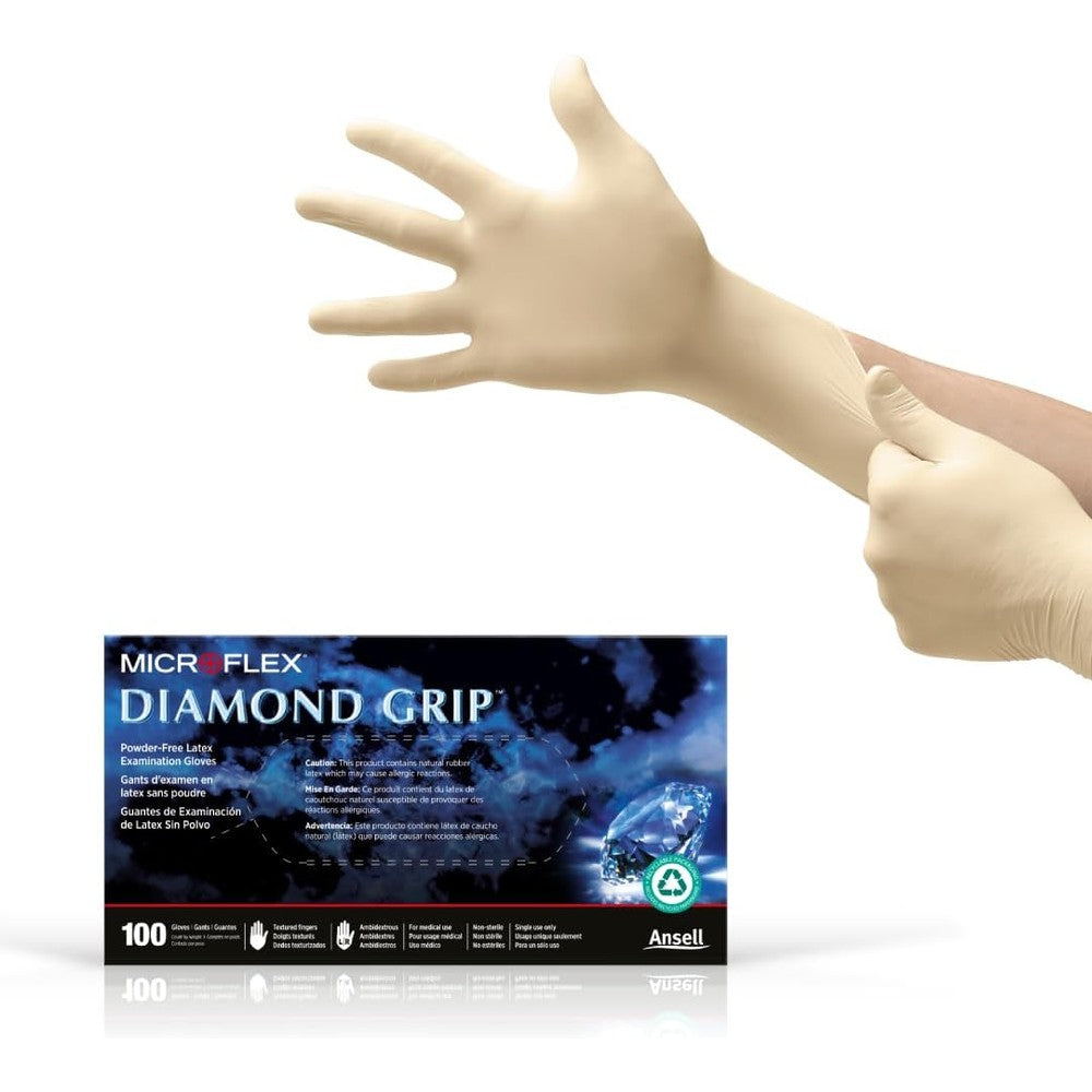 Ansell Microflex Diamond Grip MF-300 box front view durable latex gloves