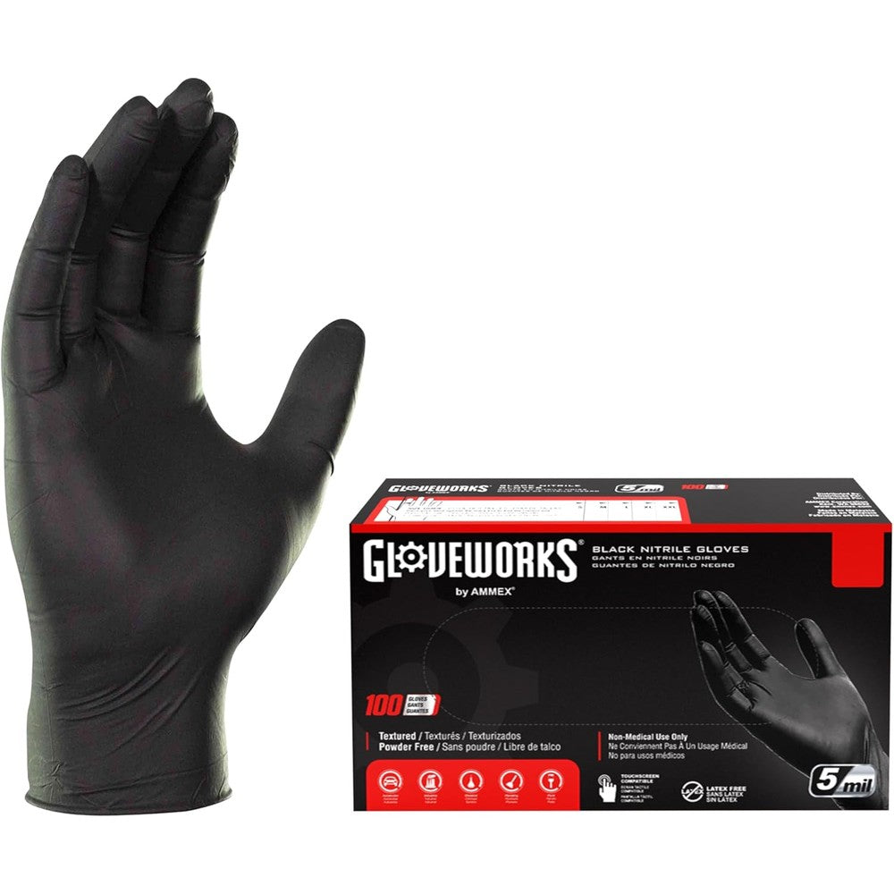 Gloveworks Black Nitrile Industrial Gloves 5 mil box front view