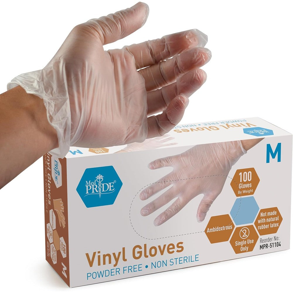 MedPride General Purpose Powder-Free Vinyl Gloves Medium box front view for protective hand care.