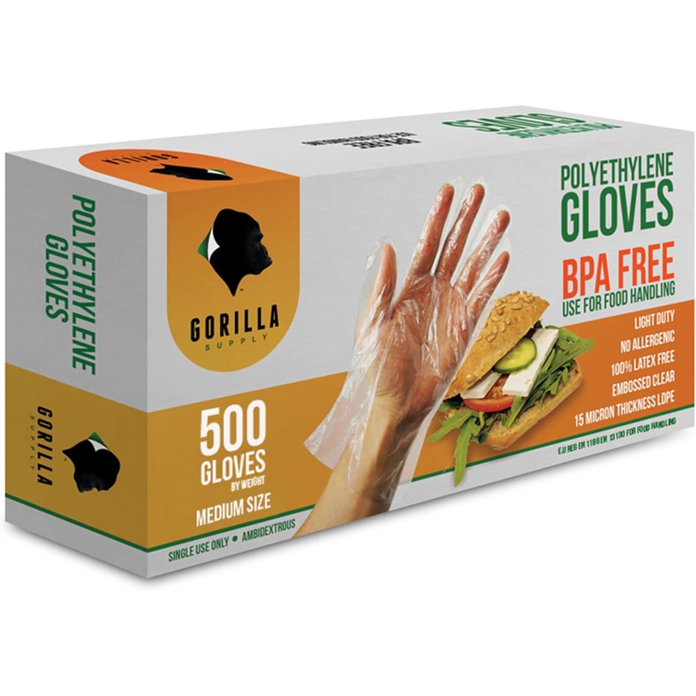 Gorilla Supply Disposable Poly Gloves front view box of five hundred food safe medium gloves.