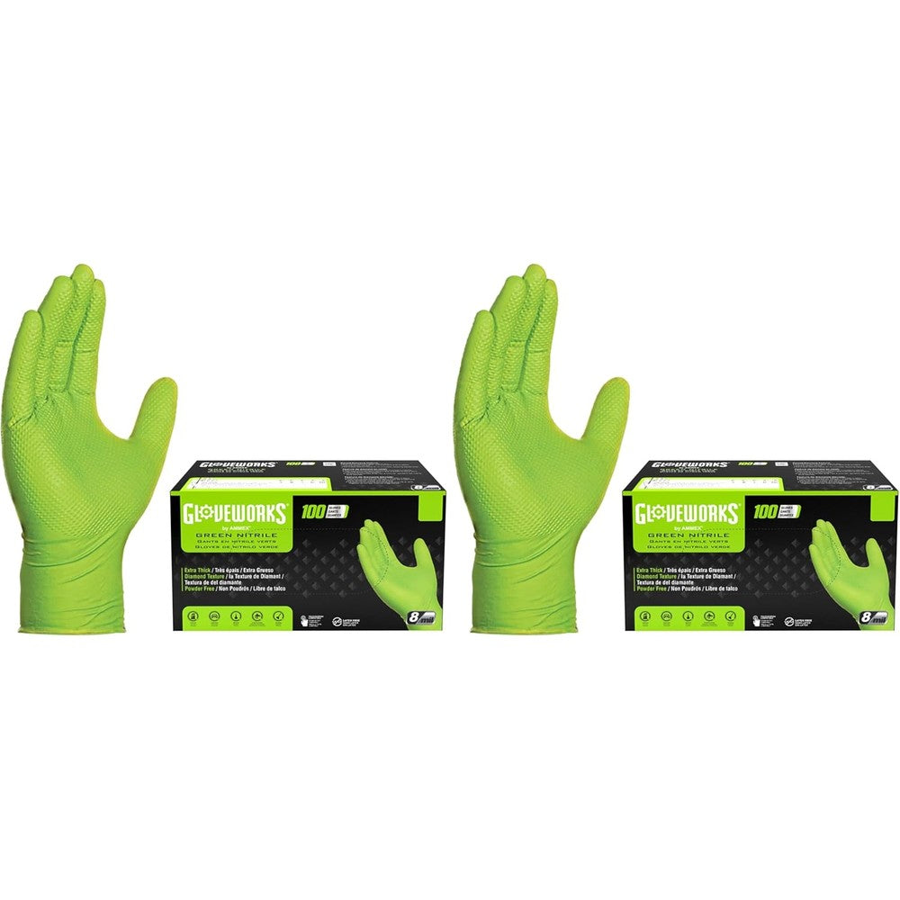 GLOVEWORKS HD green nitrile gloves front view of box showing diamond texture.