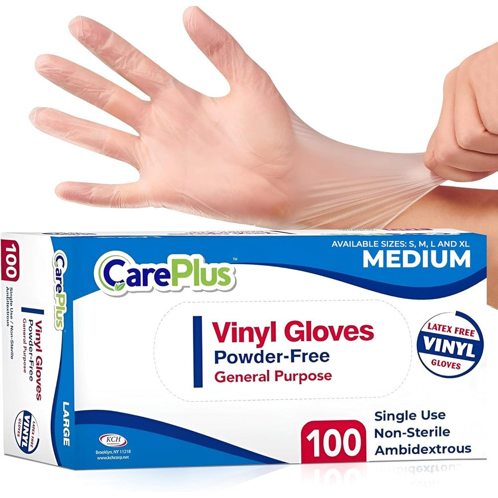 Care Plus Disposable Vinyl Gloves front view packaging box containing one hundred clear medium size gloves.