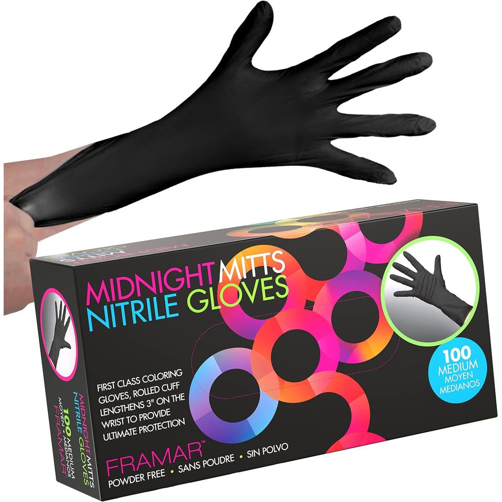 Framar Midnight Mitts Black Nitrile Gloves 100 pack front view