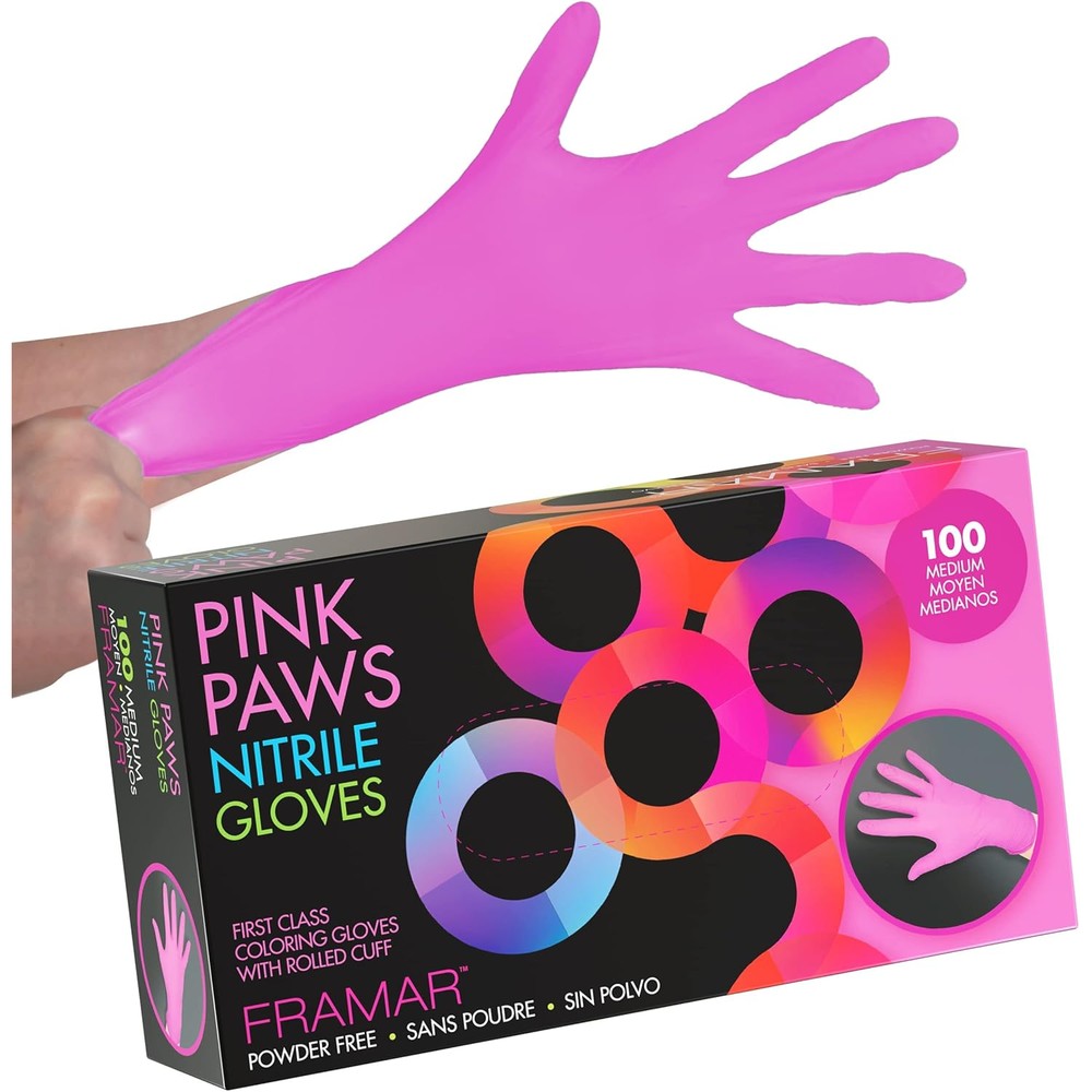 Framar Pink Paws Nitrile Gloves front view box of 100 count.
