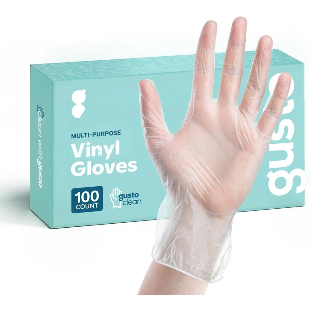GUSTO Disposable Vinyl Gloves 100 count box front view for food safety