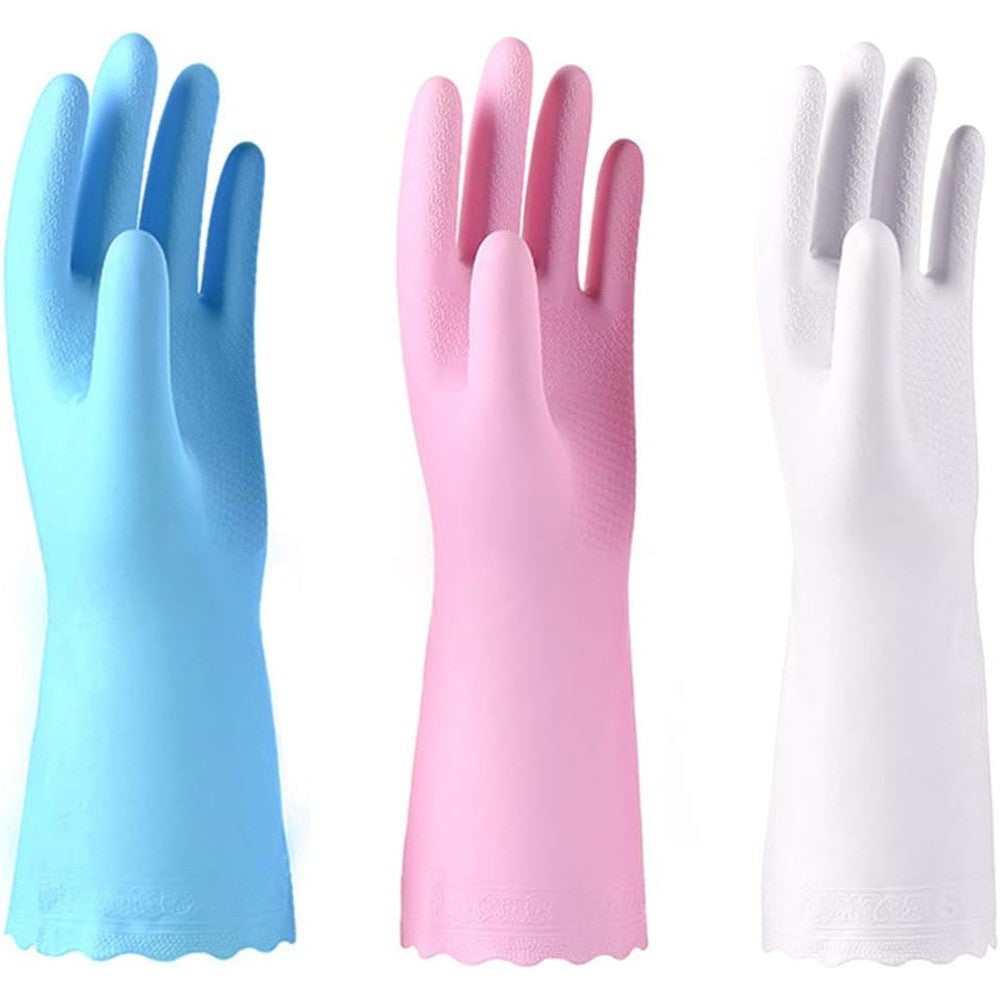 Alimat PluS 3 Pack Reusable Cleaning Gloves front view showing blue pink and white colors.
