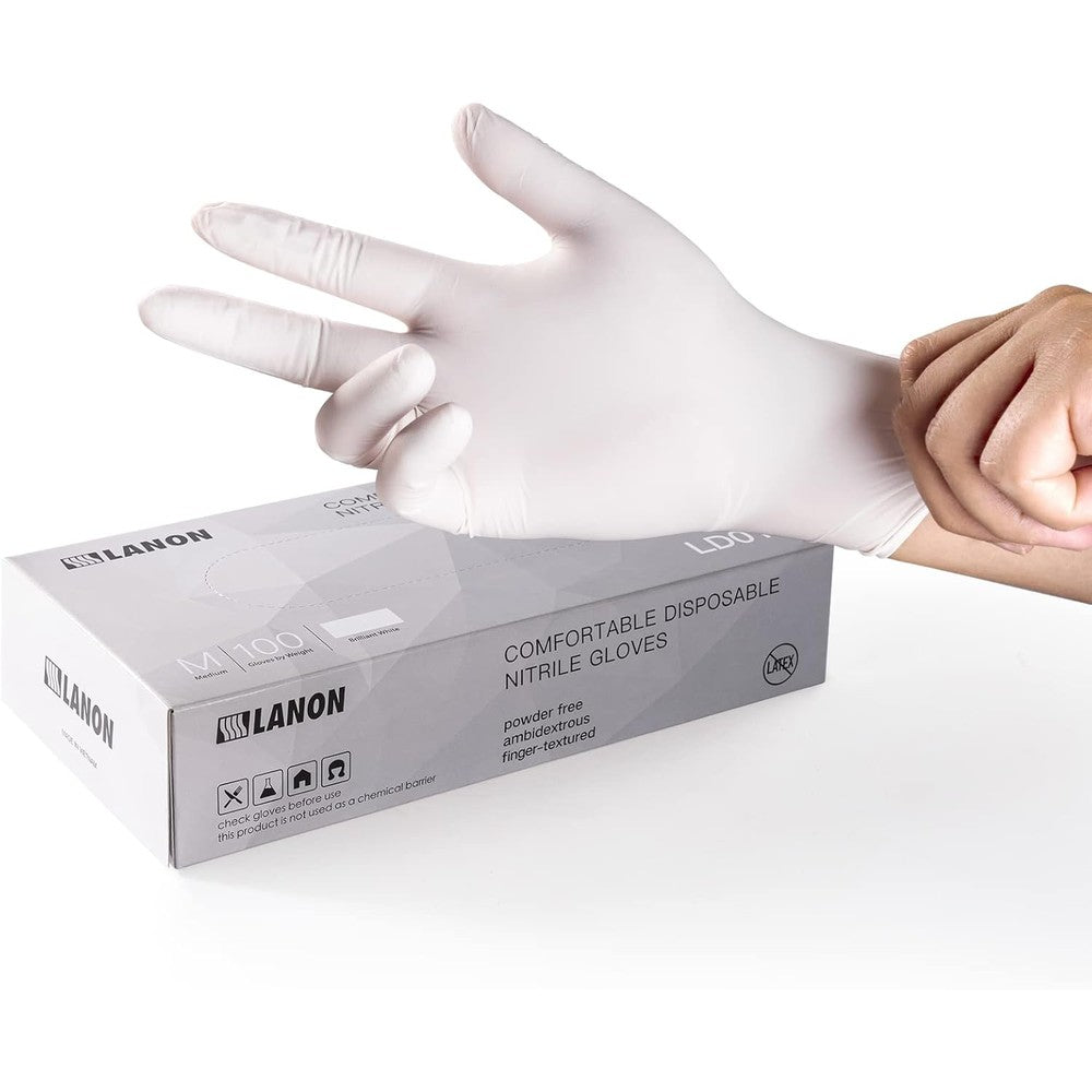 LANON Protection white nitrile gloves box front view for food safety.
