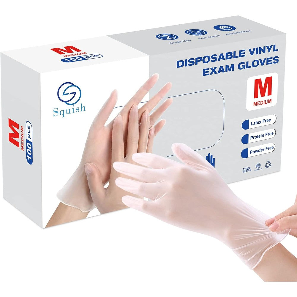 Squish Disposable Vinyl Gloves front view of 100 count box.