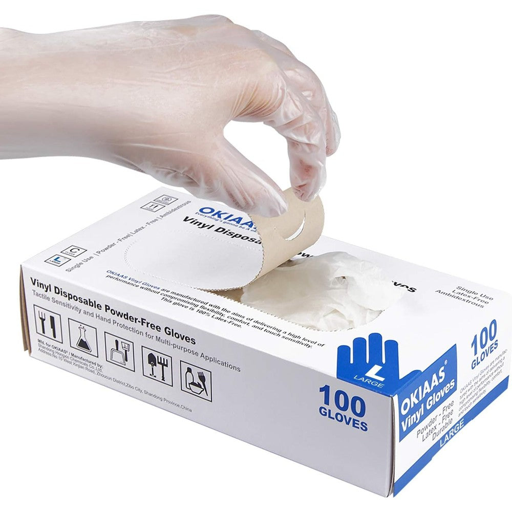 OKIAAS Disposable Vinyl Gloves front view of 100 count dispenser box.