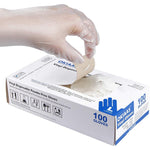 OKIAAS Disposable Vinyl Gloves front view of 100 count dispenser box.