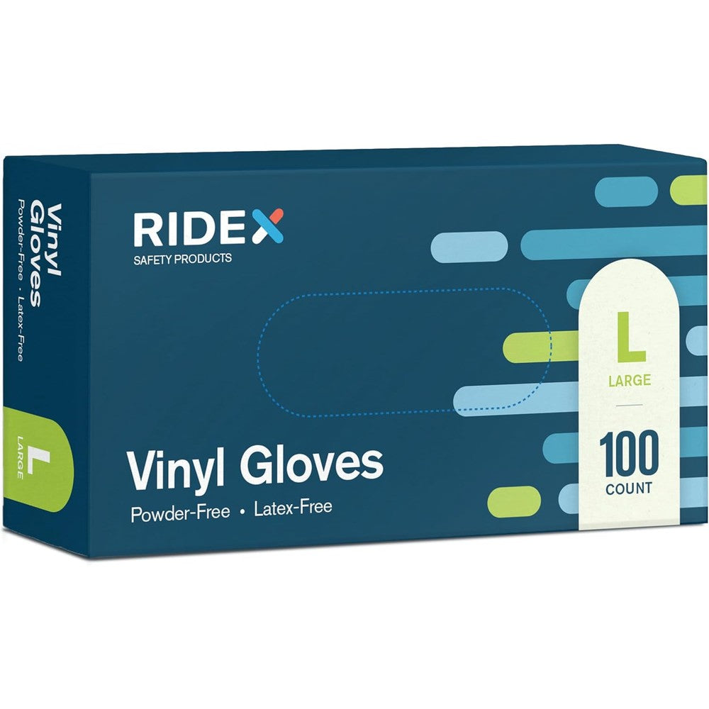 Ridex Disposable Vinyl Gloves front view dispenser box for medical use.