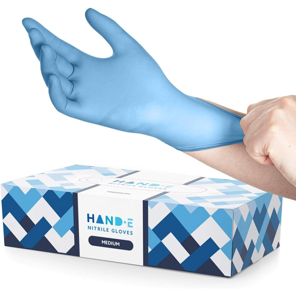 Hand-E Touch Blue Nitrile Disposable Gloves front view of 100 count dispenser box for medical use.