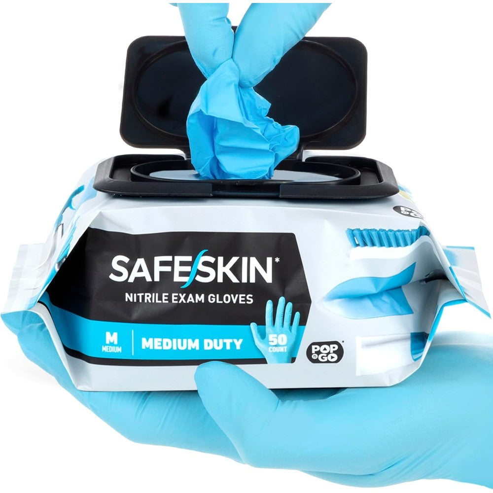 SAFESKIN Nitrile Disposable Gloves front view of Pop-N-Go packaging