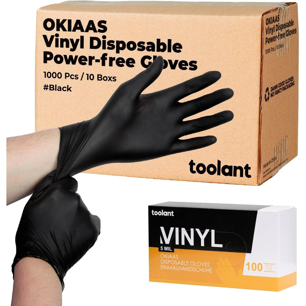 OKIAAS black vinyl disposable gloves front view for food safety.