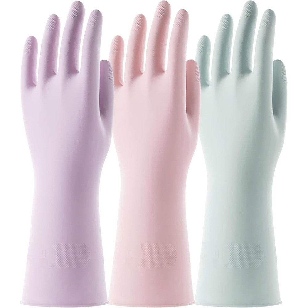 COOLJOB 3 Pairs Colorful Household Gloves front view featuring pink green and purple colors.