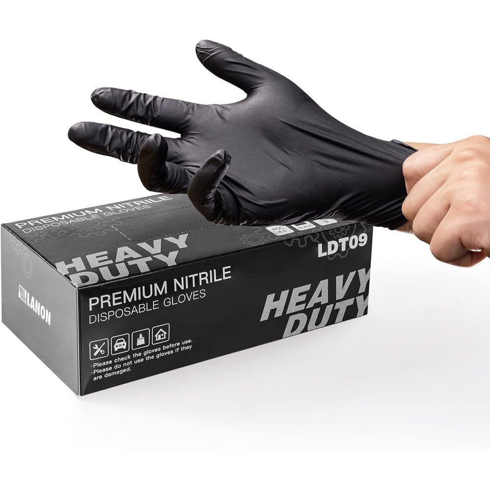 LANON Protection heavy duty black nitrile disposable gloves front view packaging box