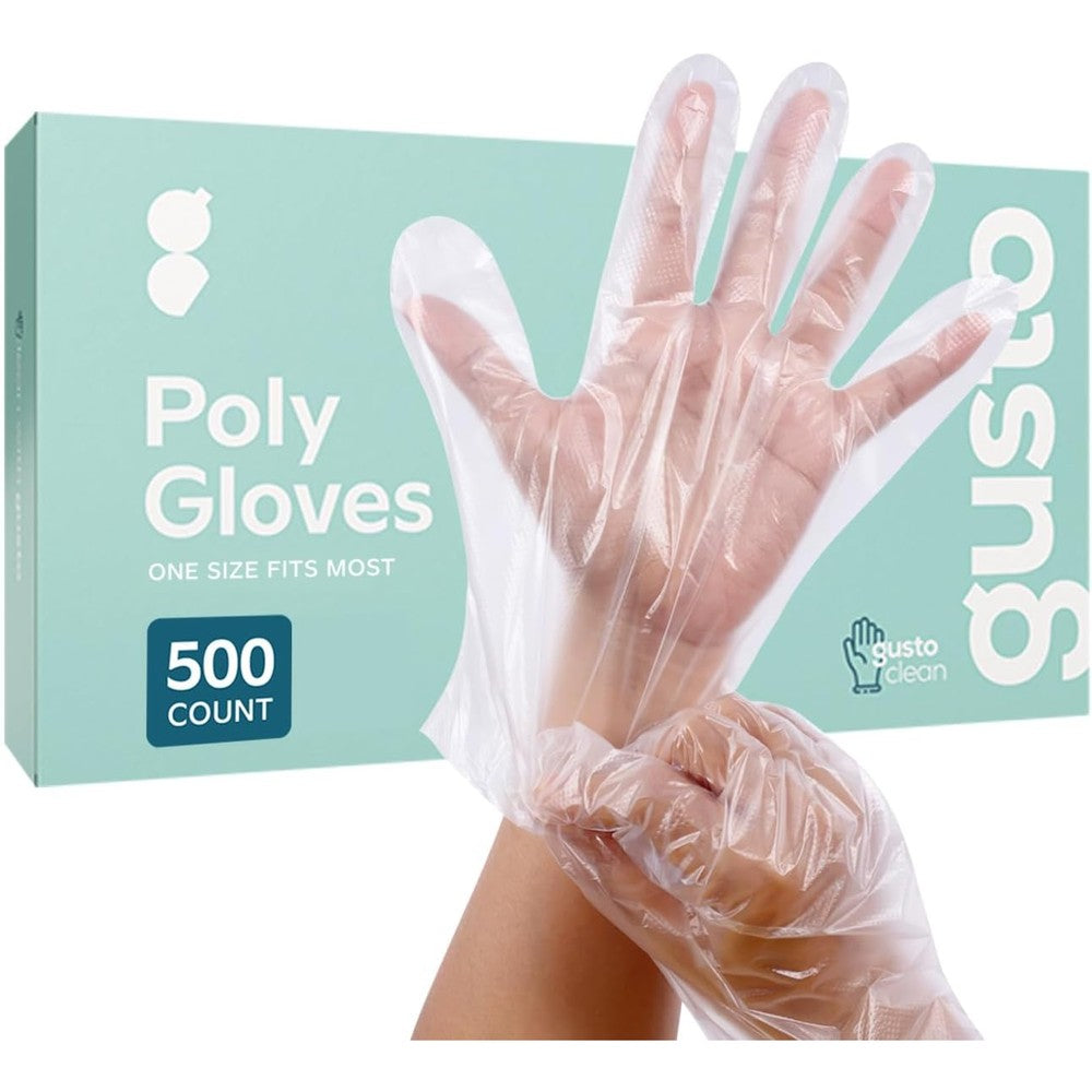 Gusto Disposable Poly Gloves front view 500 count box