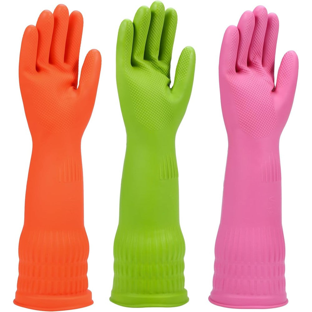 IUCGE rubber dishwashing gloves front view showing three pairs pack for kitchen cleaning