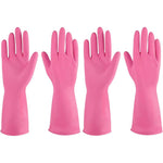 IUCGE Rubber Dishwashing Gloves front view in pink for kitchen cleaning.