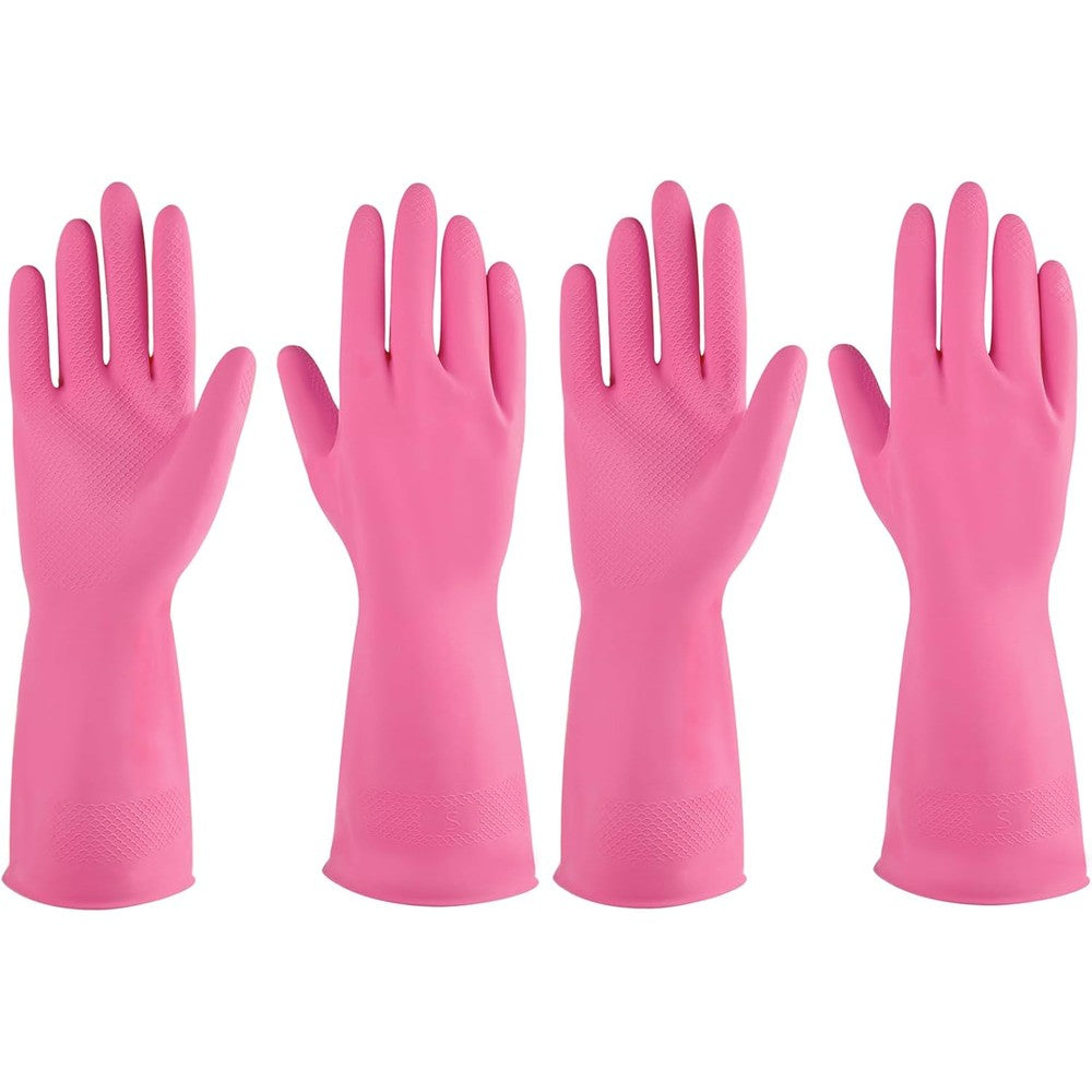 IUCGE Rubber Dishwashing Gloves front view in pink for kitchen cleaning.