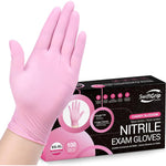 SwiftGrip pink nitrile disposable gloves front view of 100 count box packing