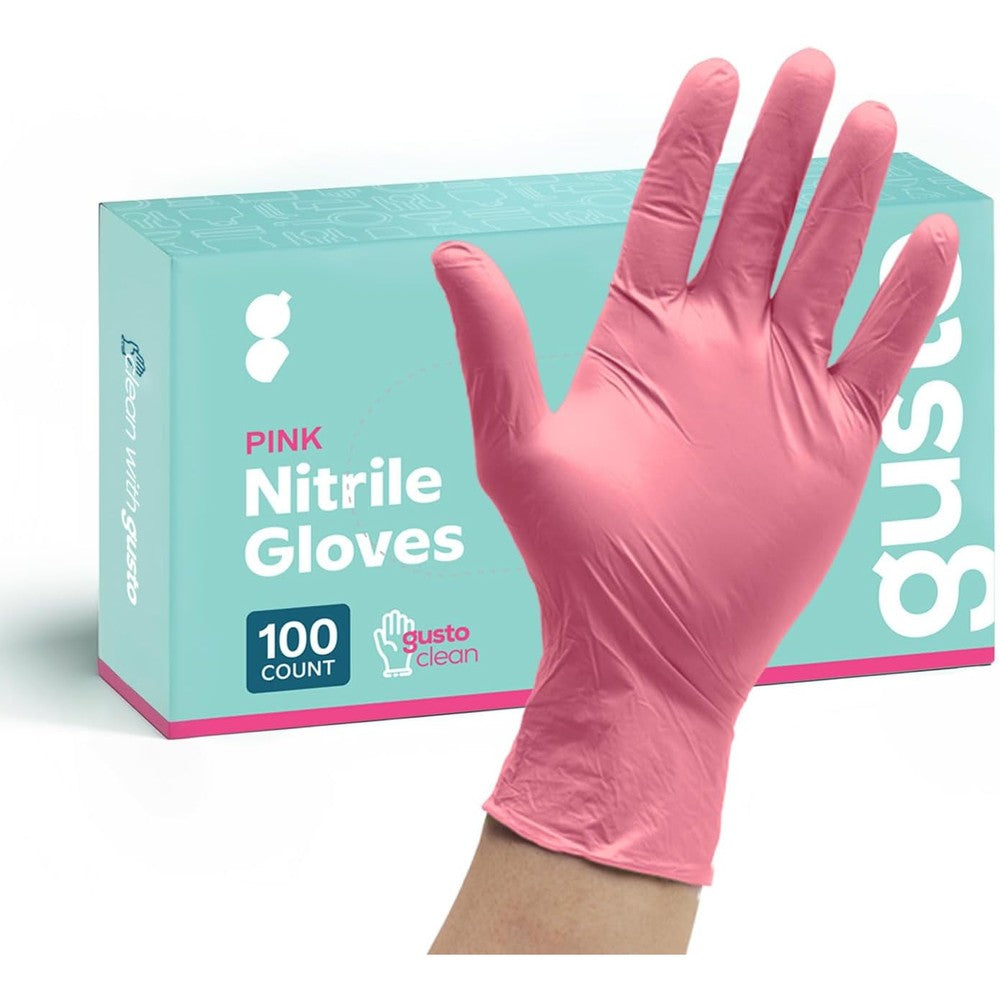 GUSTO pink nitrile disposable gloves front view of 100 count box