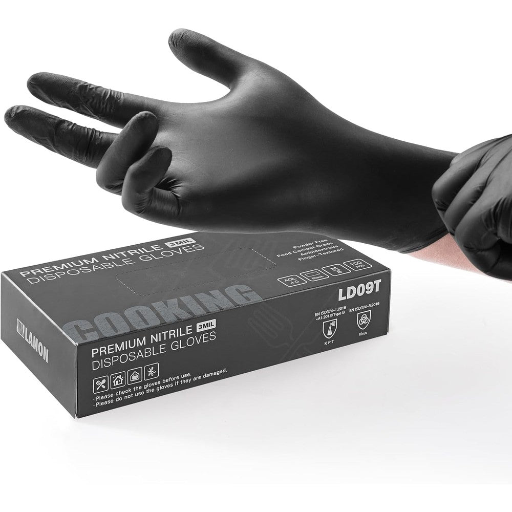 LANON Protection black nitrile gloves box front view food safe certification