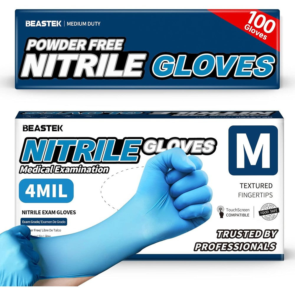 Beastek Blue Nitrile Exam Gloves box front view showing 100 pieces medical grade.