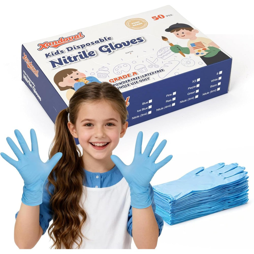 Xandoval Kids Nitrile Gloves front view of 50 count box for children's hand protection.