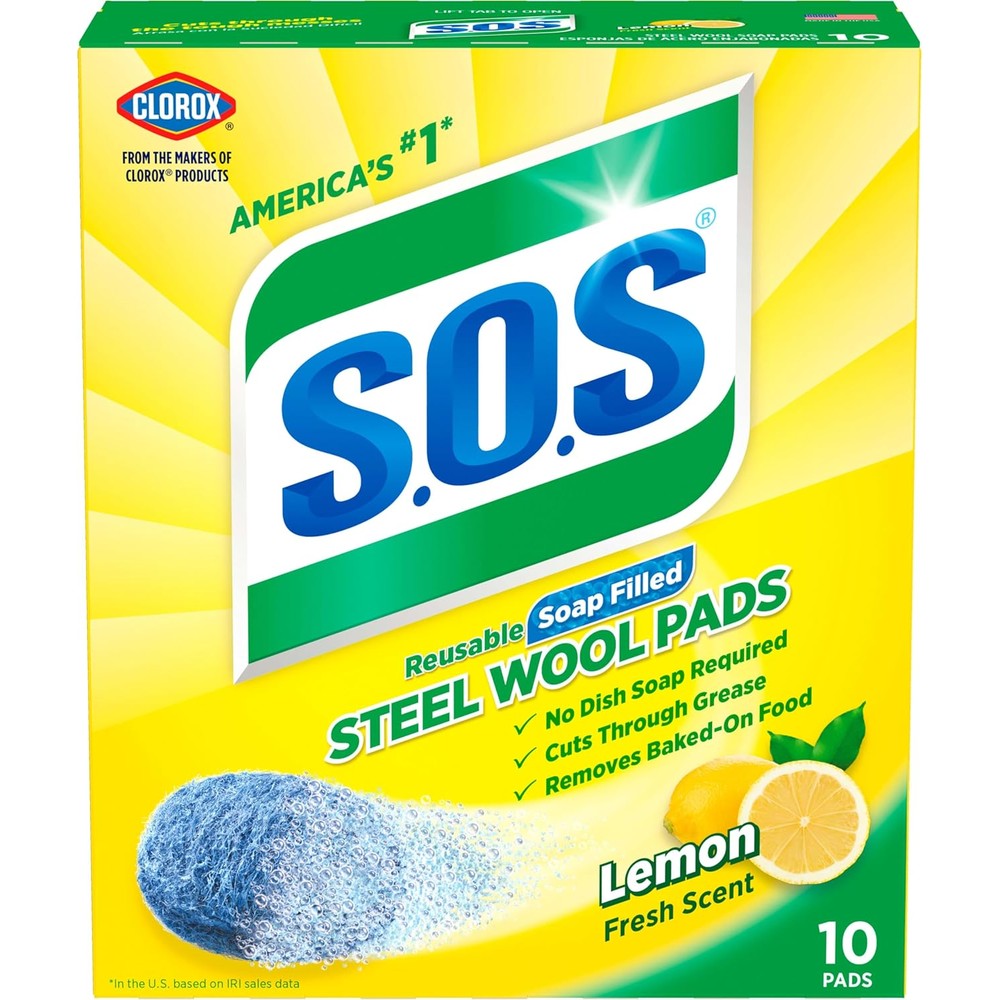 S.O.S Steel Wool Soap Pads Lemon Fresh 10 Count box front view for grease removal.
