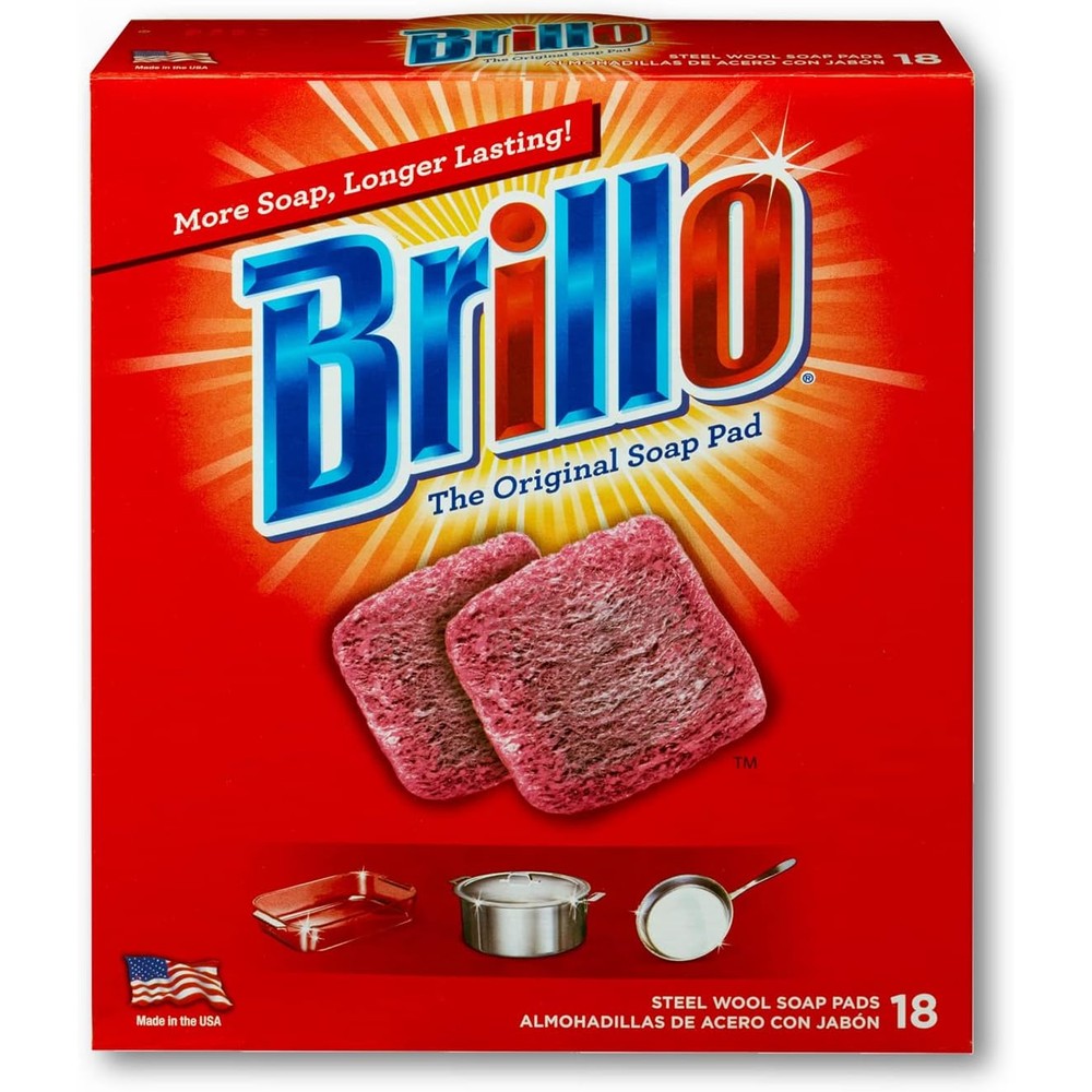 Brillo Steel Wool Soap Pads 18 count box front view for heavy duty cleaning