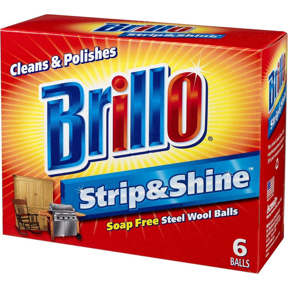 Brillo Strip and Shine Steel Wool Balls 6 Count pack front view for metal polishing.