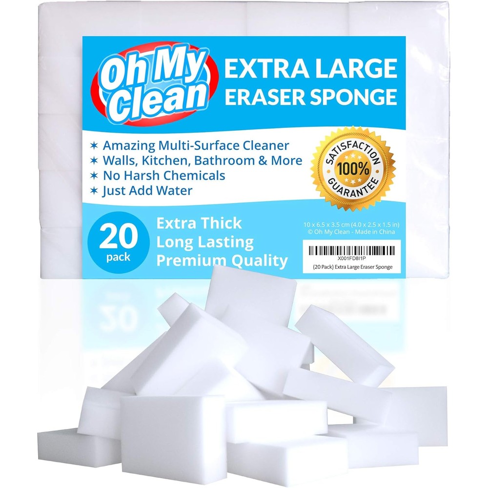 Oh My Clean Extra Large Eraser Sponge 20 Pack front view melamine foam pads.