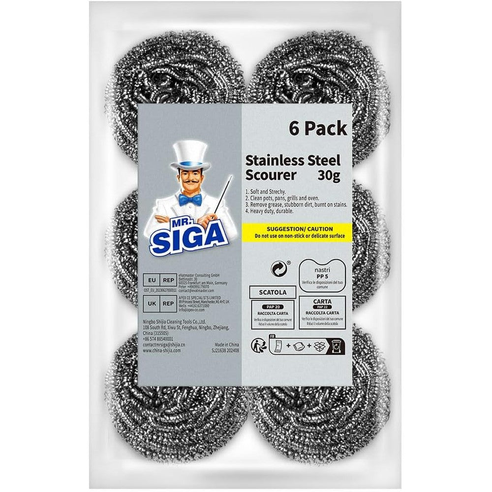 MR.SIGA Stainless Steel Scourer front view of pack of six cleaning pads