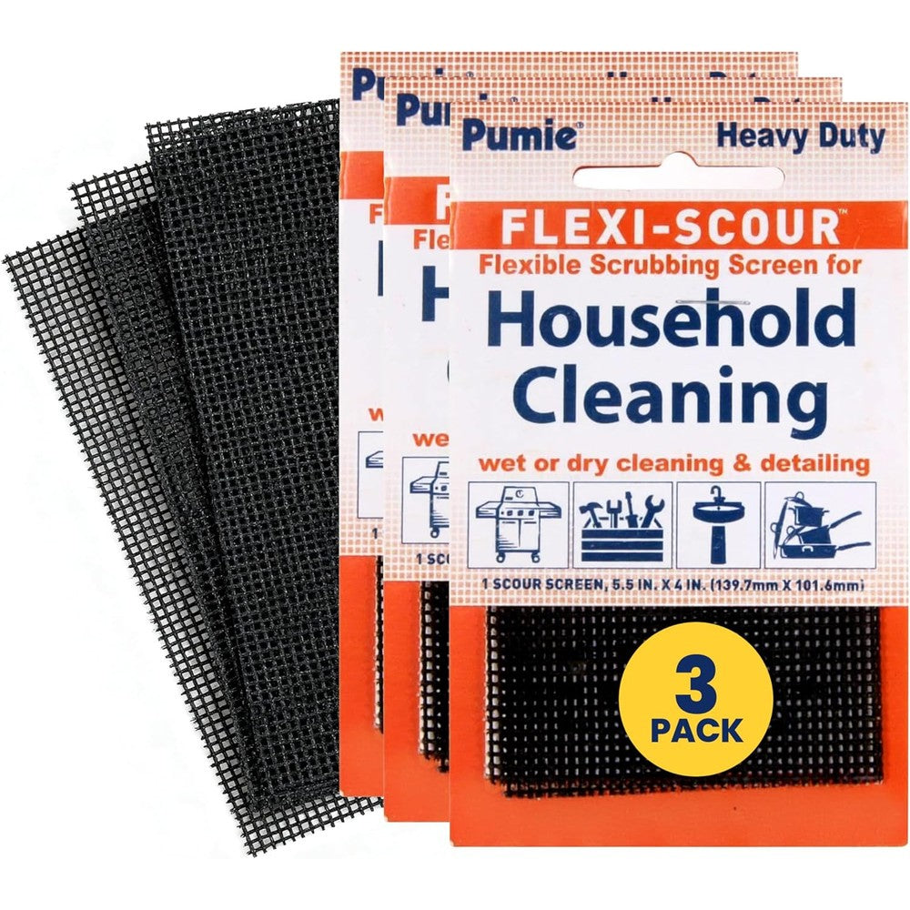 PUMIE Flexi Scour 3 Pack showing the flexible black abrasive mesh pads.