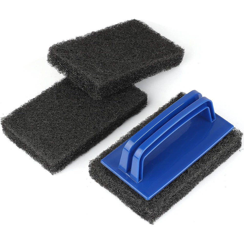 LIOUXUE Blackstone Grill Cleaning Kit front view featuring three blue scouring pads and handle.