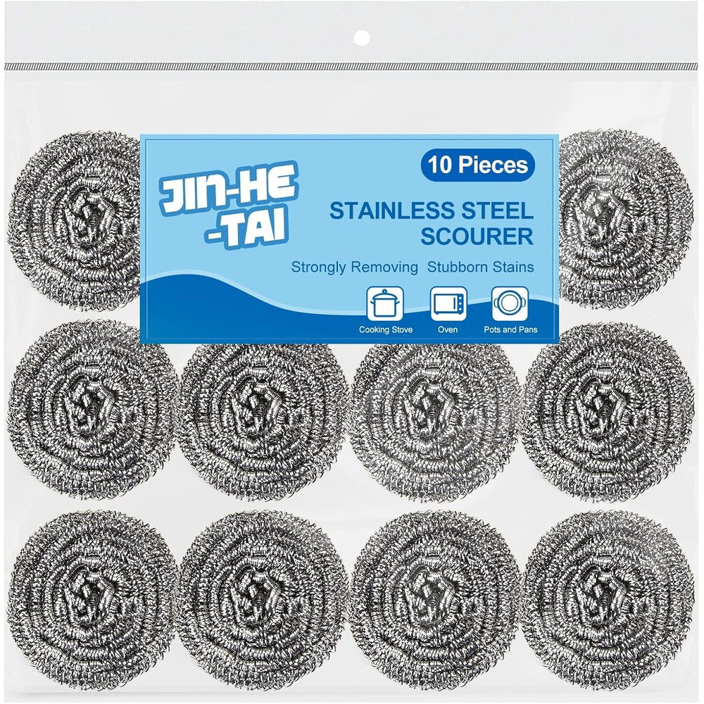 JIN-HE-TAI Stainless Steel Scrubber 10 Pack front view for heavy duty kitchen cleaning